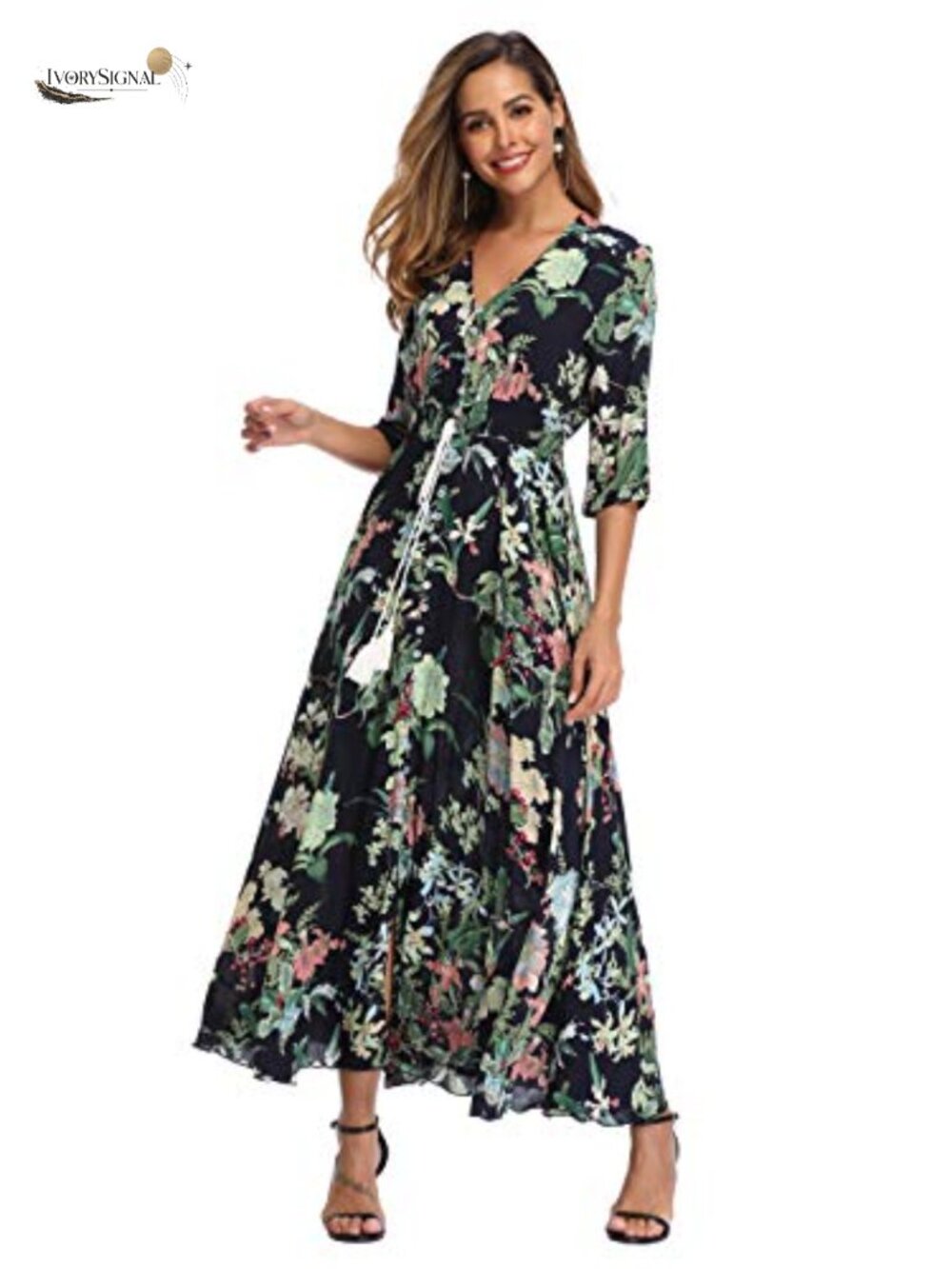 Women's Floral Maxi Dress V-Neck 3/4 Sleeve A-Line Flowy Boho Beach